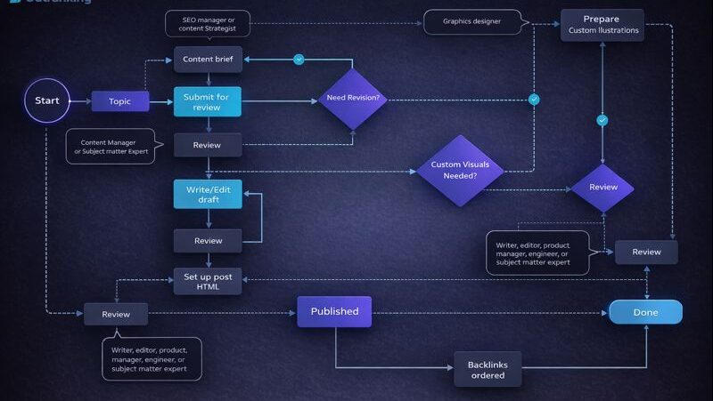 llms.txt file content workflow diagram showing AI-driven SEO planning, editorial review, custom illustrations, publishing, and backlink strategy